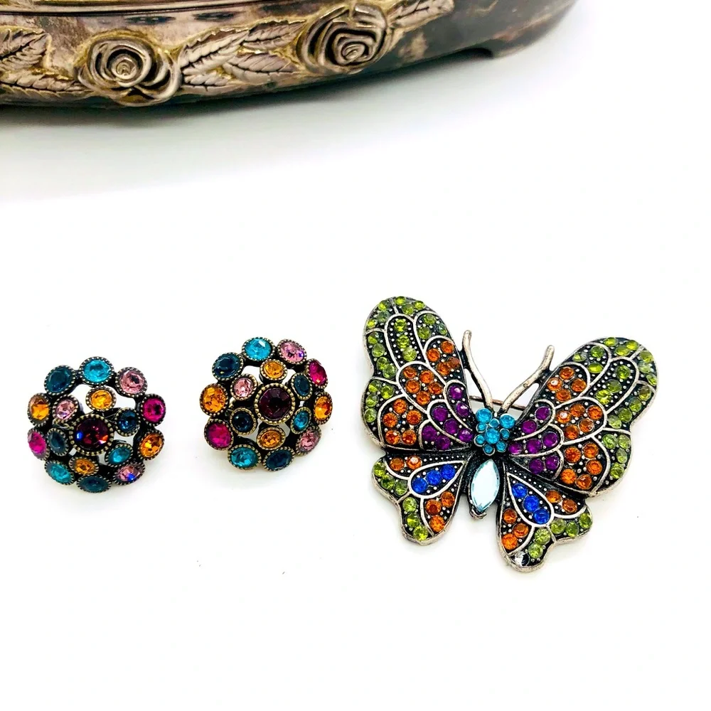 Vintage Rhinestone Earrings & Butterfly Brooch - Picture 1 of 5